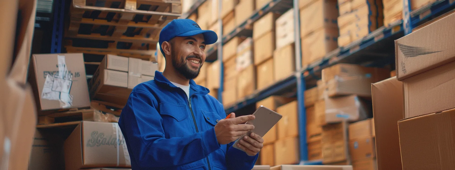 in einem hellen raum voller schlichter kartons steht ein freundlicher mann mit blauer uniform und einem lächeln im gesicht, der mit einem tablet in der hand auf den kunden wartet.