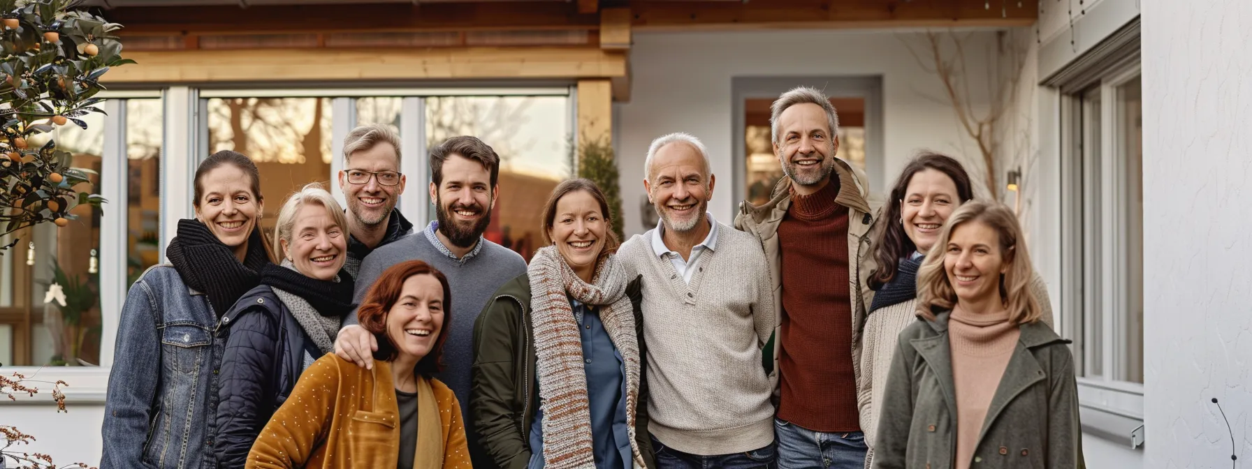 eine gruppe glücklicher kunden lächelt zufrieden vor einem professionell und sorgfältig entrümpelten haus in baden und umgebung.