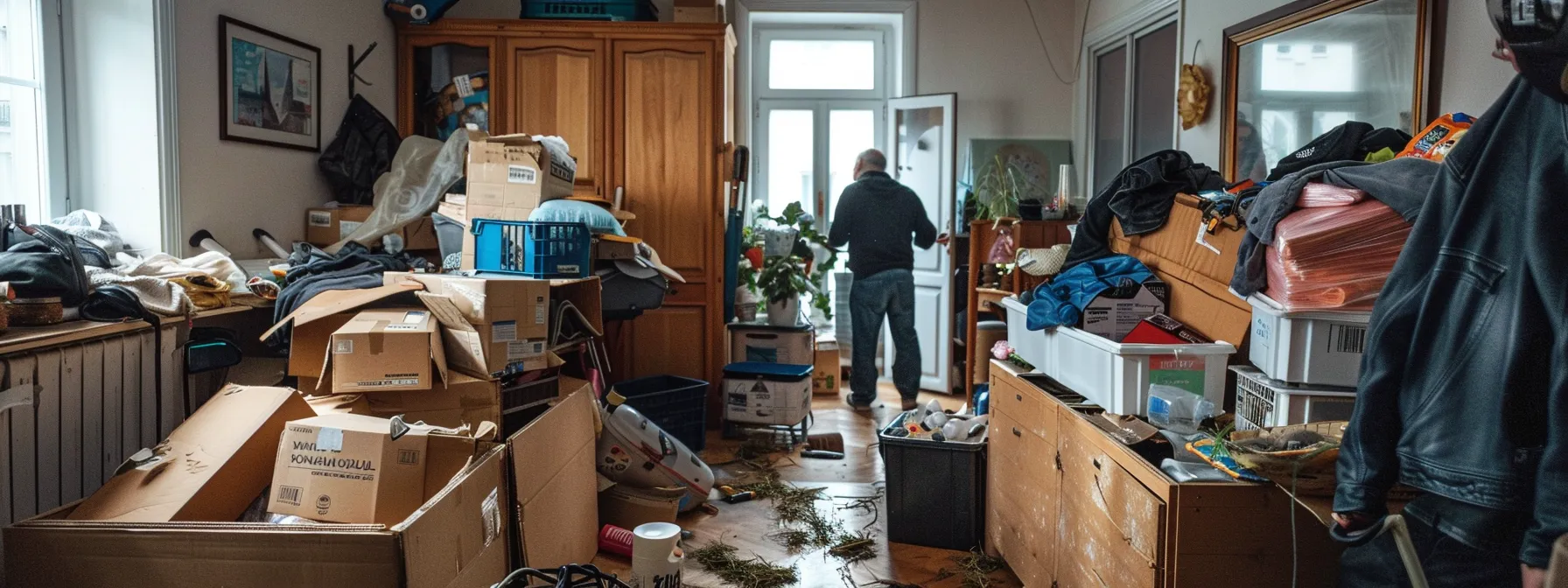 eine professionelle entrümpelungsfirma arbeitet sorgfältig und effizient in einer messie-wohnung in wien, um sperrmüll und sonderabfälle fachgerecht zu entsorgen.