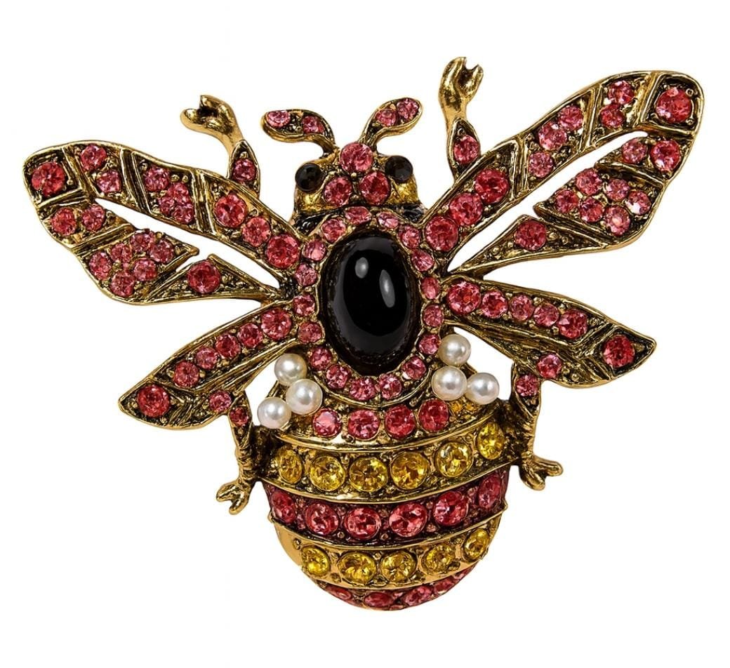 Vintage Bienenbrosche mit Strasssteinen und Perlen – goldfarben