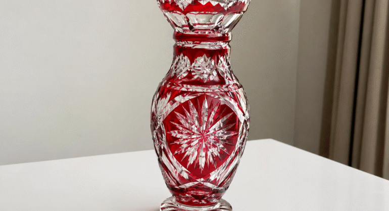 Böhmische Kristallvase aus Überfangglas – handgeschliffen, rubinrot.
