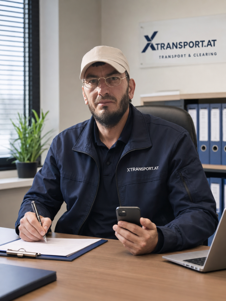Kurzfristige Termine möglich Fair Entrümpelung 24h – Mitarbeiter von XTRANSPORT.AT im Büro mit Handy und Notizen