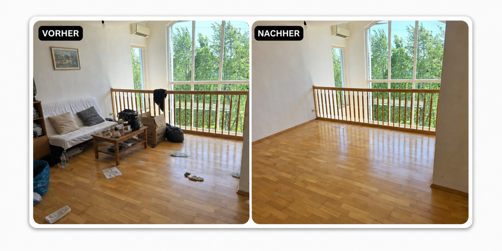 Stammkunde empfiehlt Räumung in Niederösterreich und Eisenstadt – Vorher-Nachher-Foto eines geräumten Wohnraums