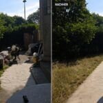Gartenentrümpelung 24h – zugestellter Gartenweg vor der Räumung, danach freier und sauberer Weg