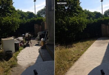 Gartenentrümpelung 24h – zugestellter Gartenweg vor der Räumung, danach freier und sauberer Weg