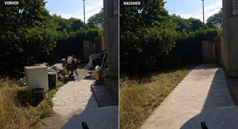 Gartenentrümpelung 24h – zugestellter Gartenweg vor der Räumung, danach freier und sauberer Weg