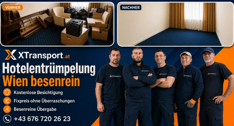 Hotelentrümpelung Wien besenrein – fünf Mitarbeiter von XTransport bei einer professionellen Hotelräumung mit kostenloser Besichtigung und Fixpreis.
