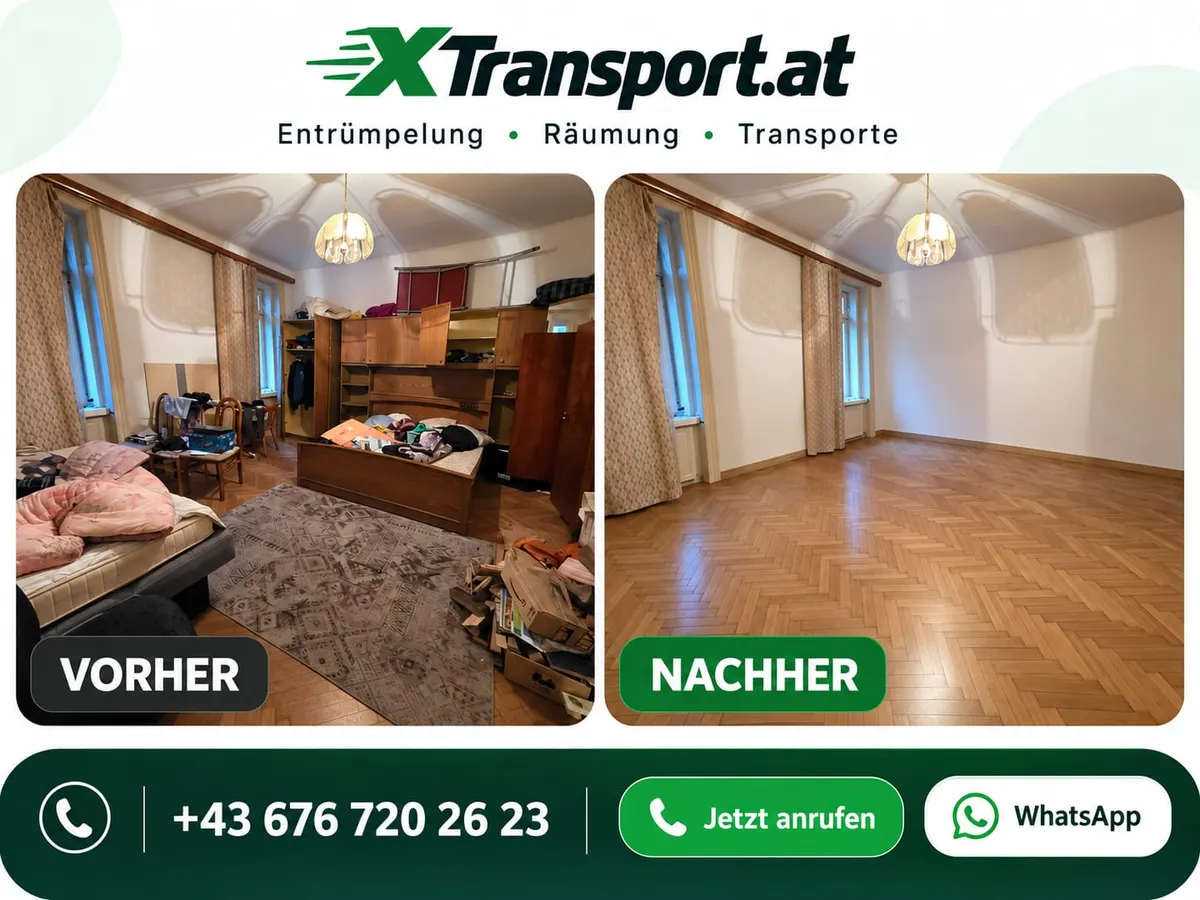 Entrümpelung Klosterneuburg – vollständig geräumtes Zimmer im Vorher-Nachher-Vergleich Entrümpelung Klosterneuburg – Vorher-Nachher-Vergleich eines geräumten Zimmers mit Holzboden