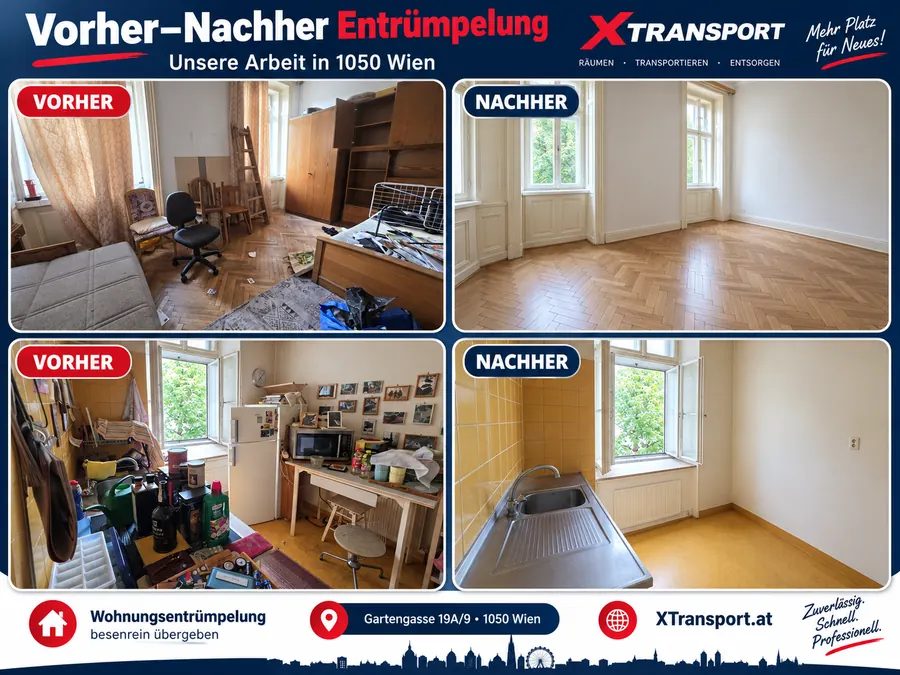 Kundenbewertung Wohnungsentrümpelung 1050 Wien – Vorher-Nachher-Vergleich der geräumten Wohnung in der Gartengasse 19A/9